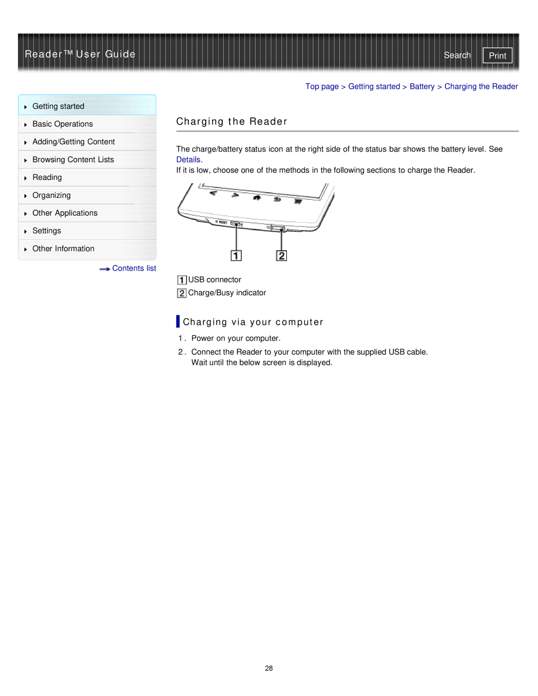 Sony PRST2BC, PRST2WC, PRS-T2 manual Charging the Reader, Charging via your computer 