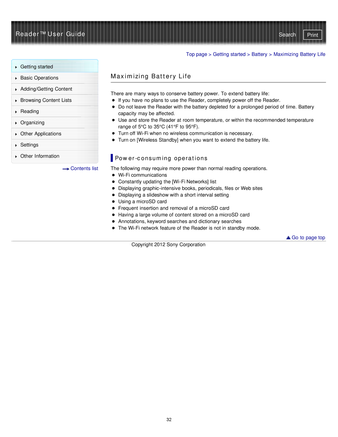 Sony PRS-T2, PRST2WC, PRST2BC manual Maximizing Battery Life, Power-consuming operations 