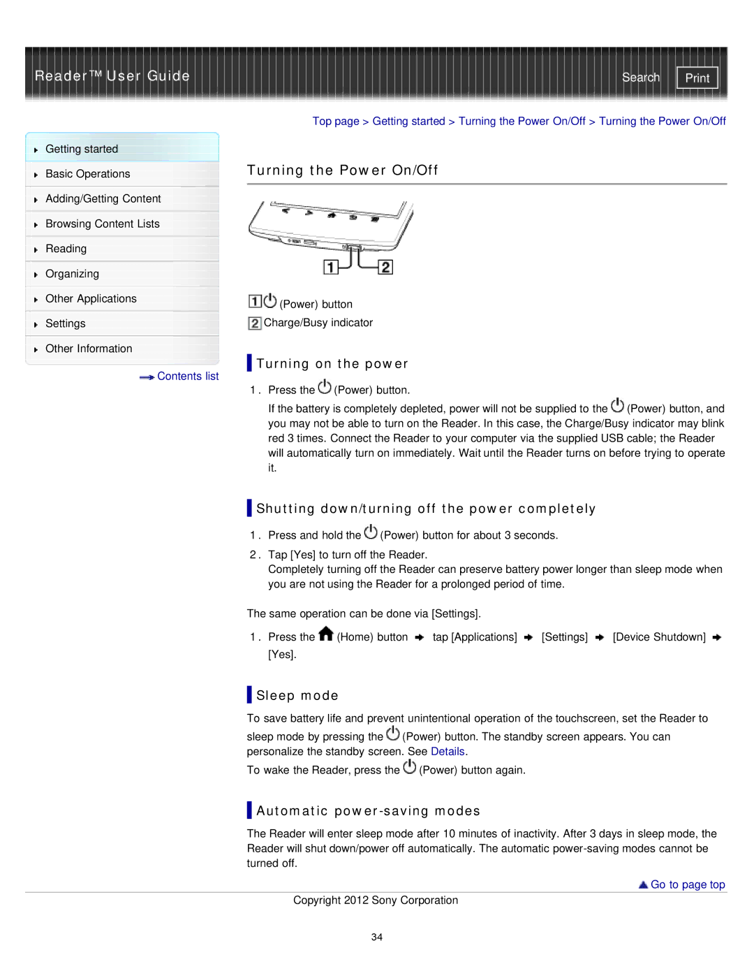 Sony PRST2BC Turning the Power On/Off, Turning on the power, Shutting down/turning off the power completely, Sleep mode 