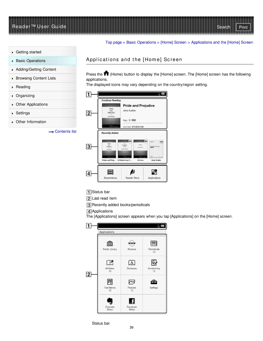 Sony PRST2WC, PRST2BC, PRS-T2 manual Applications and the Home Screen 