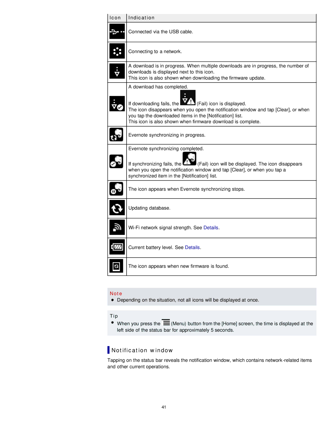 Sony PRS-T2, PRST2WC, PRST2BC manual Notification window, Icon Indication 