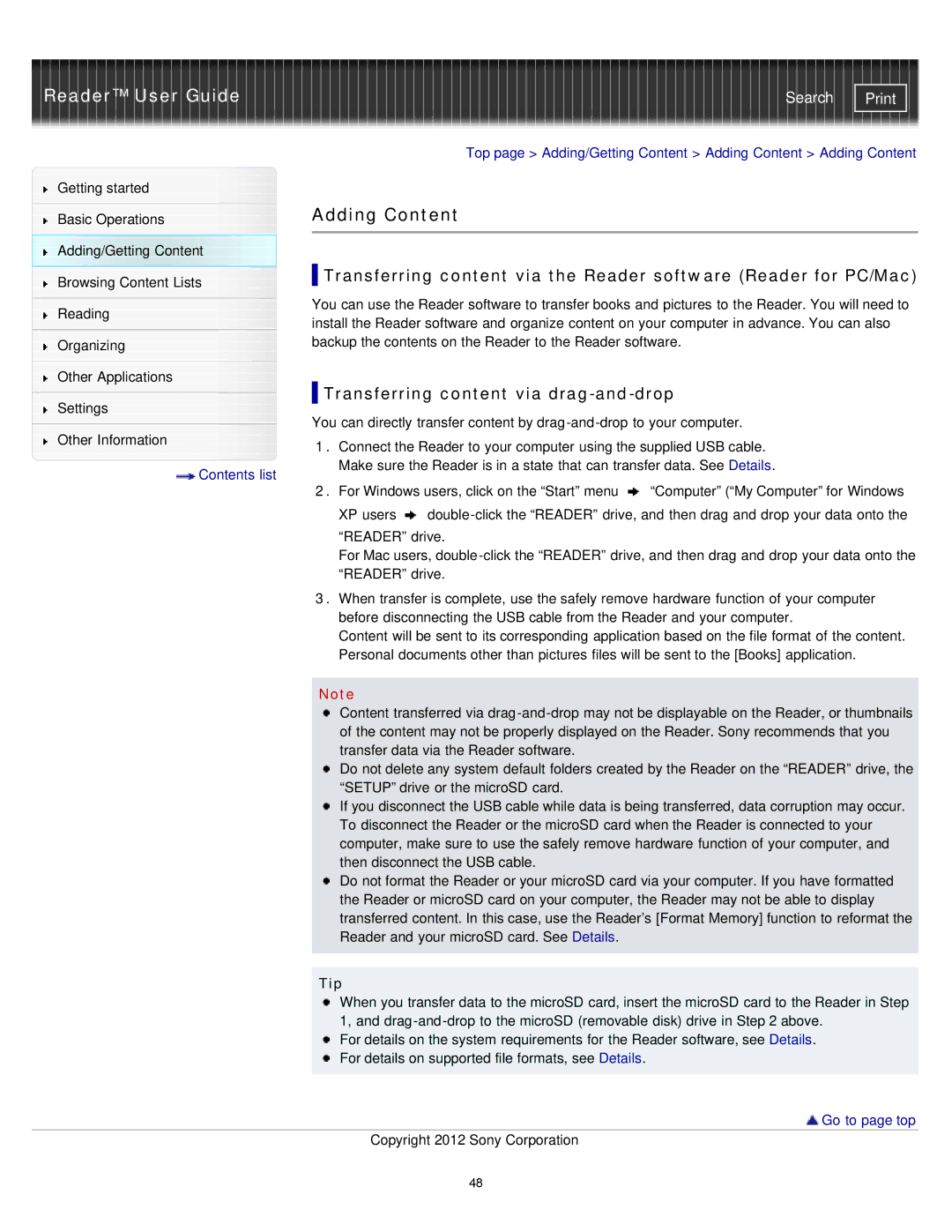 Sony PRST2WC, PRST2BC, PRS-T2 manual Adding Content, Transferring content via drag-and-drop 