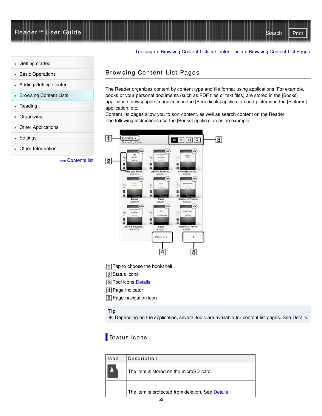 Sony PRST2BC, PRST2WC, PRS-T2 manual Browsing Content List Pages, Status icons 