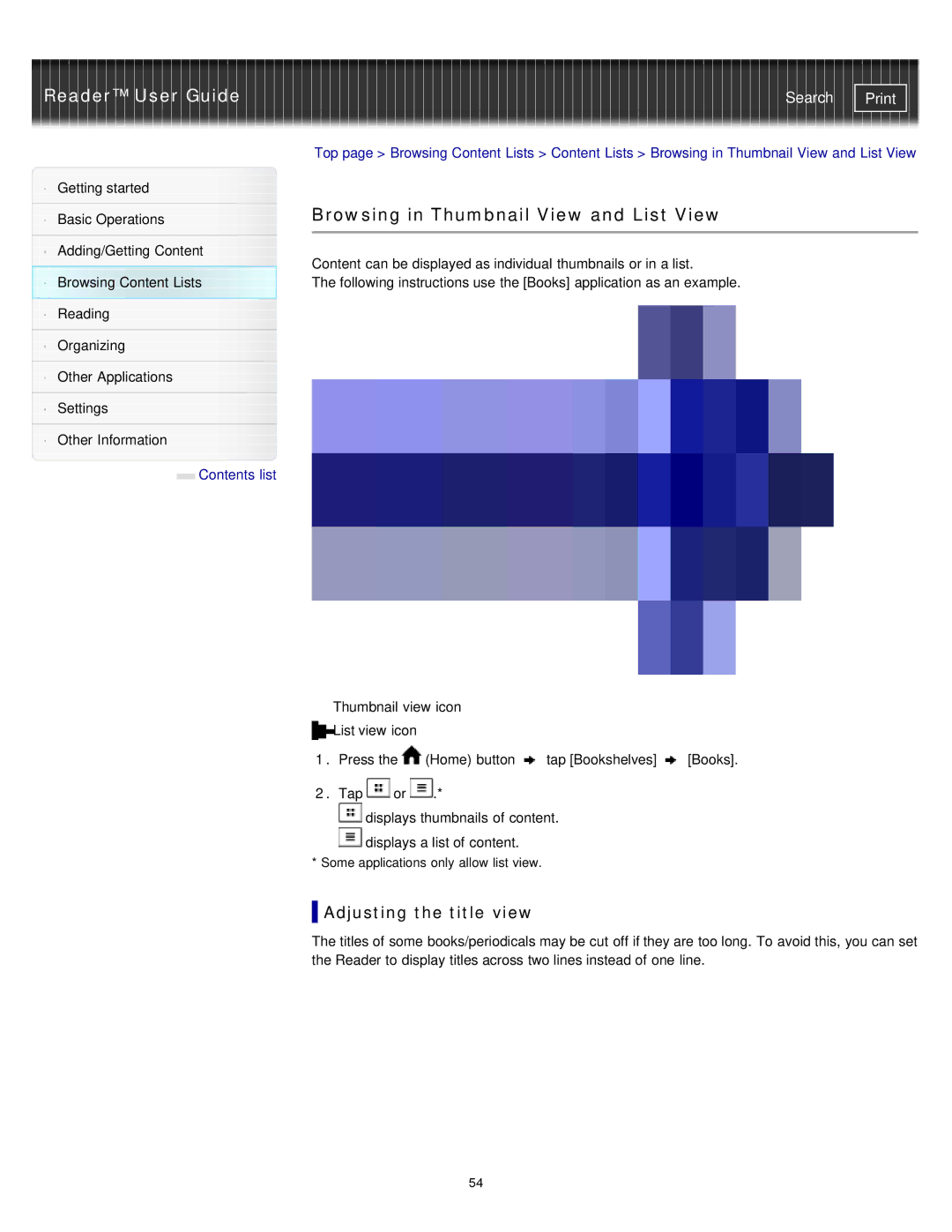 Sony PRST2WC, PRST2BC, PRS-T2 manual Browsing in Thumbnail View and List View, Adjusting the title view 