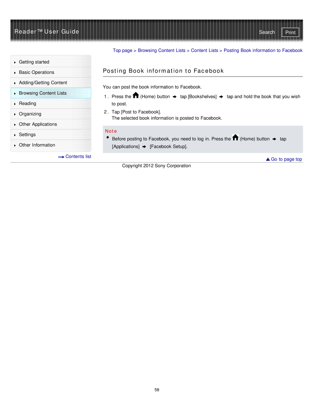 Sony PRST2BC, PRST2WC, PRS-T2 manual Posting Book information to Facebook 