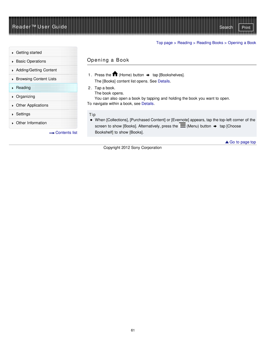 Sony PRST2BC, PRST2WC, PRS-T2 manual Opening a Book, Tip 