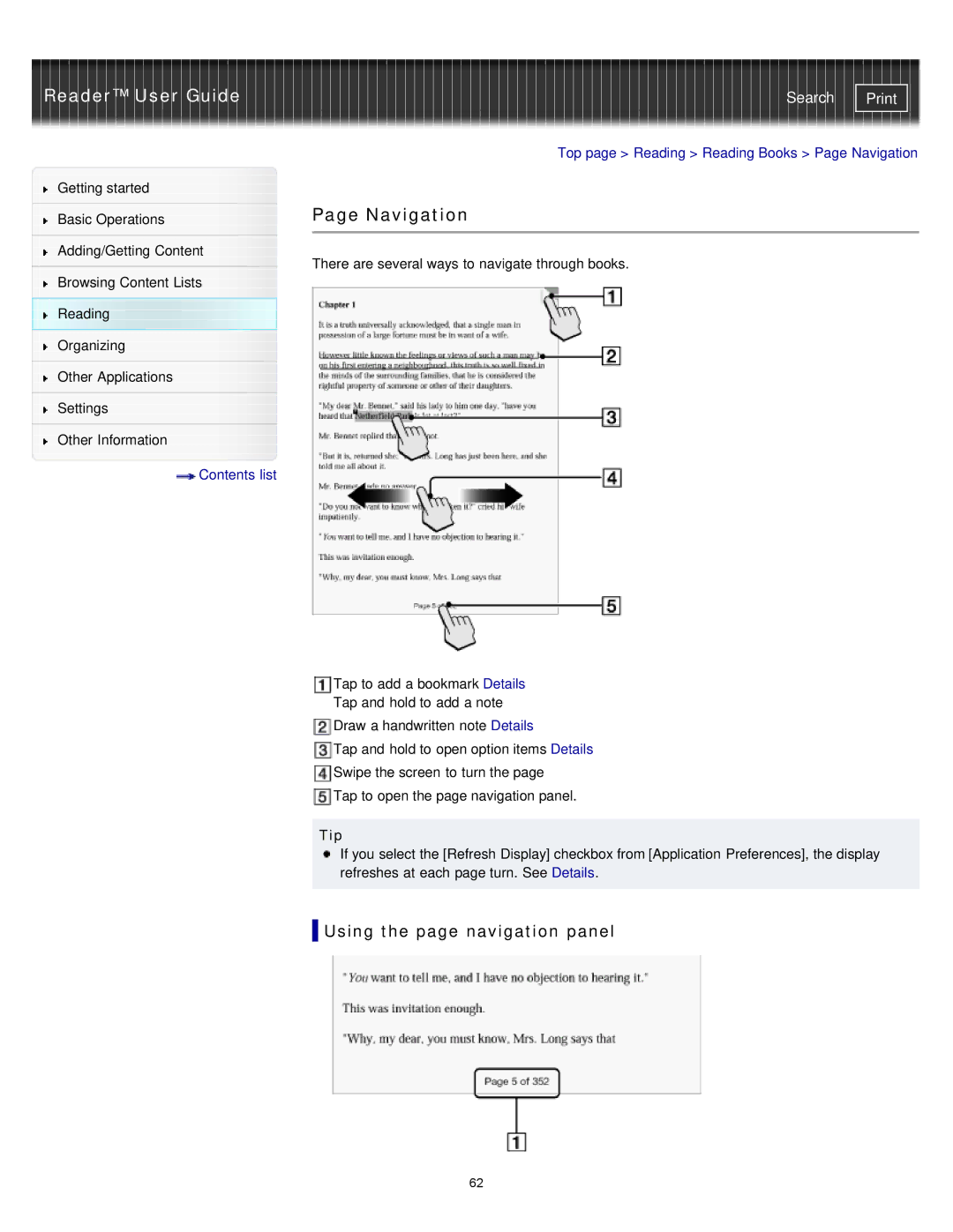 Sony PRS-T2, PRST2WC, PRST2BC manual Navigation, Using the page navigation panel 