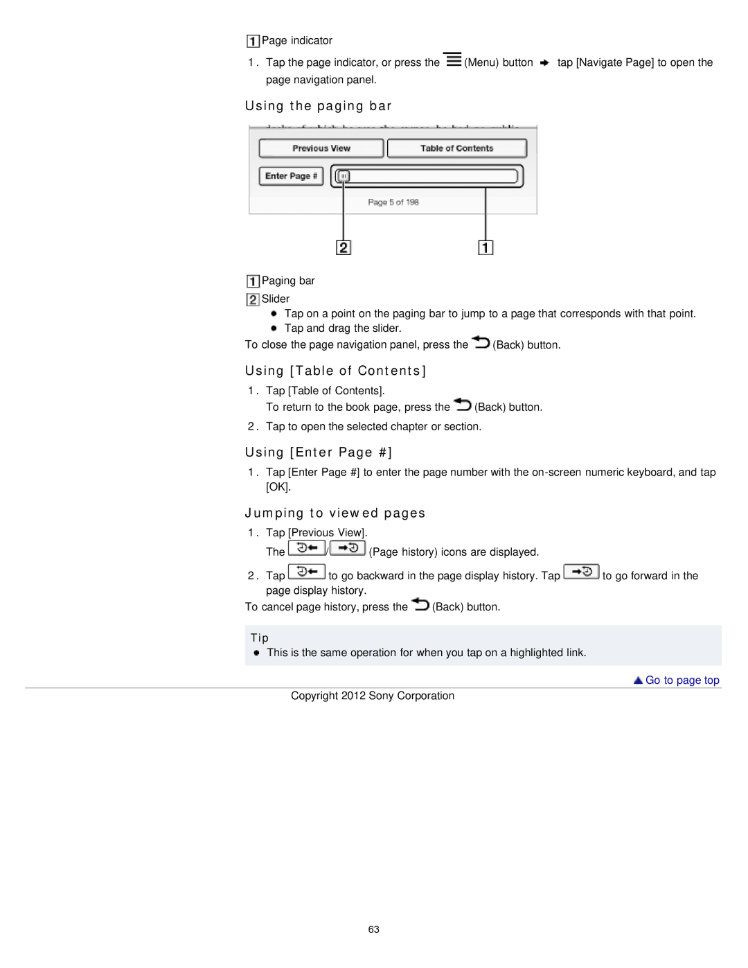 Sony PRST2WC, PRST2BC, PRS-T2 Using the paging bar, Using Table of Contents, Using Enter Page #, Jumping to viewed pages 