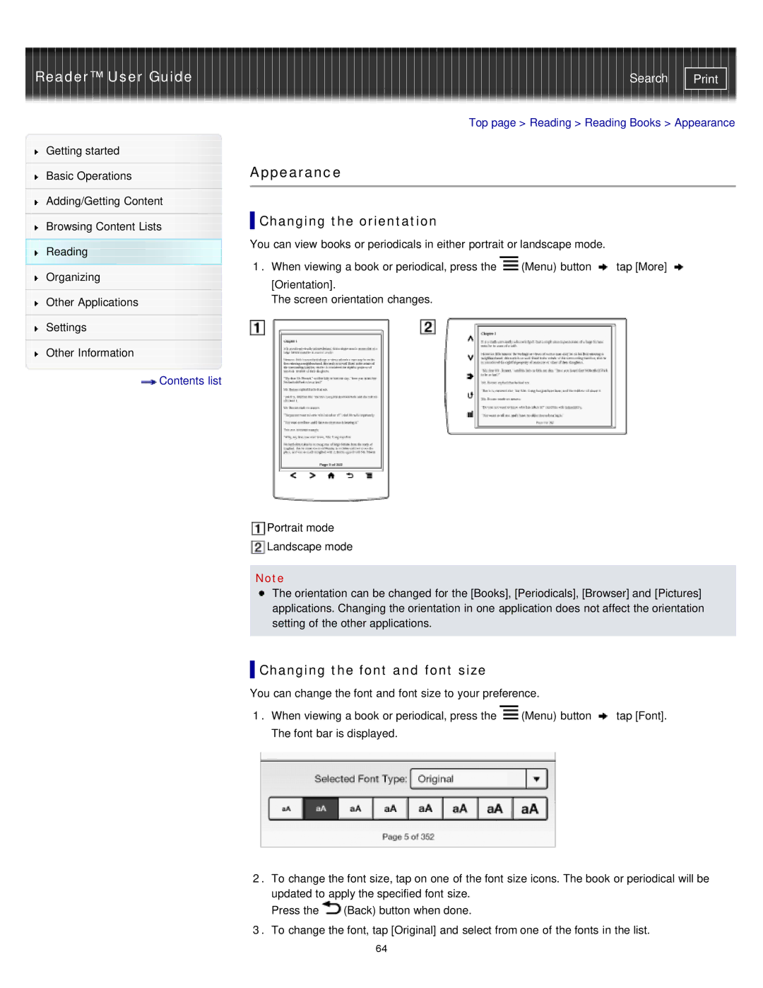 Sony PRST2BC, PRST2WC, PRS-T2 manual Appearance, Changing the orientation, Changing the font and font size 