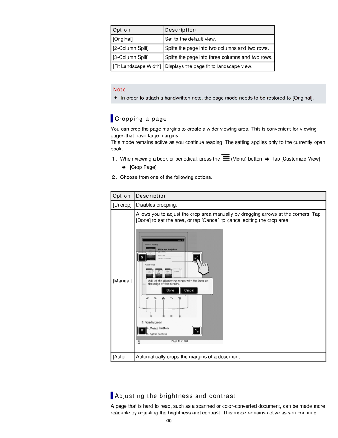 Sony PRST2WC, PRST2BC, PRS-T2 manual Cropping a, Adjusting the brightness and contrast 