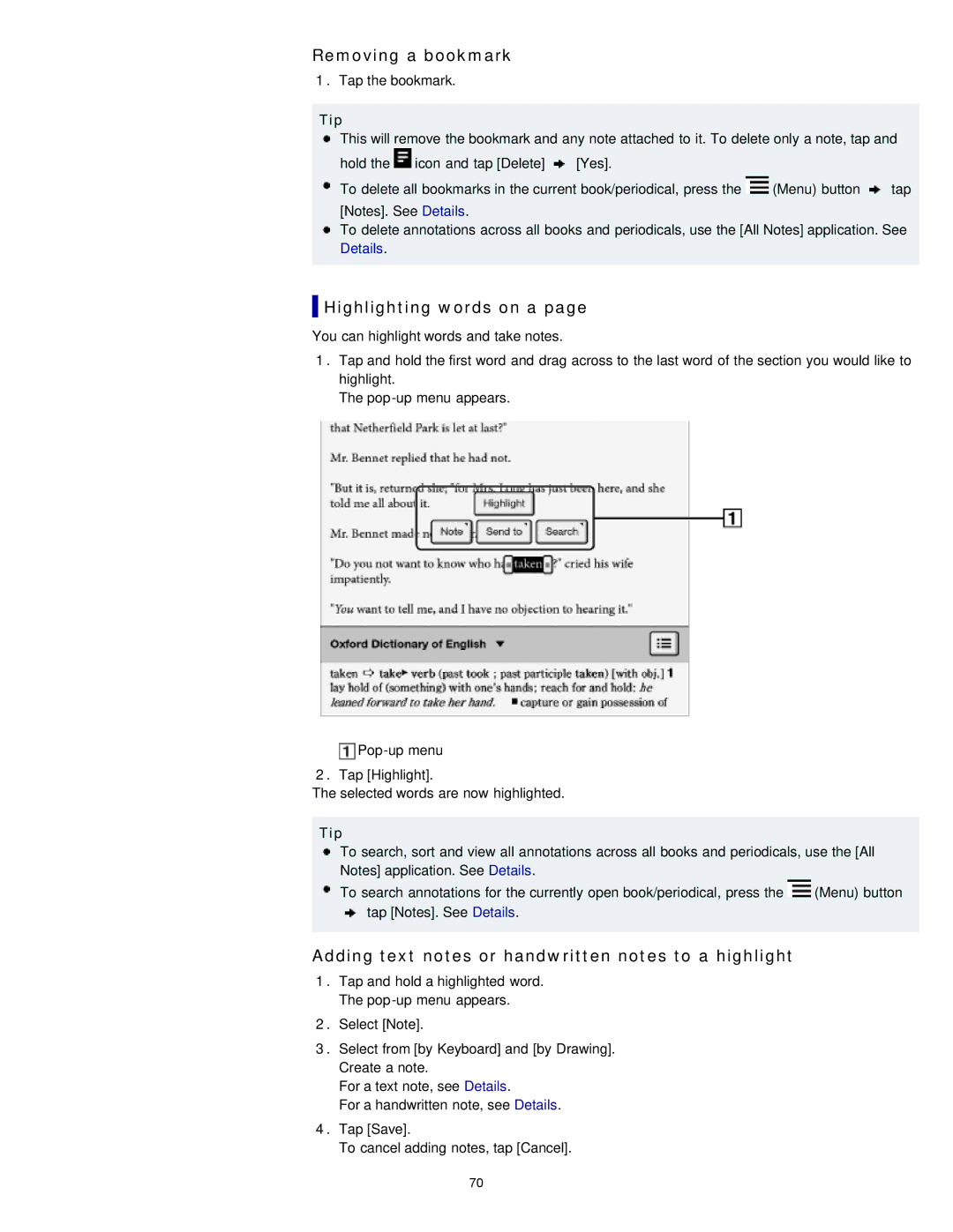 Sony PRST2BC, PRST2WC Removing a bookmark, Highlighting words on a, Adding text notes or handwritten notes to a highlight 