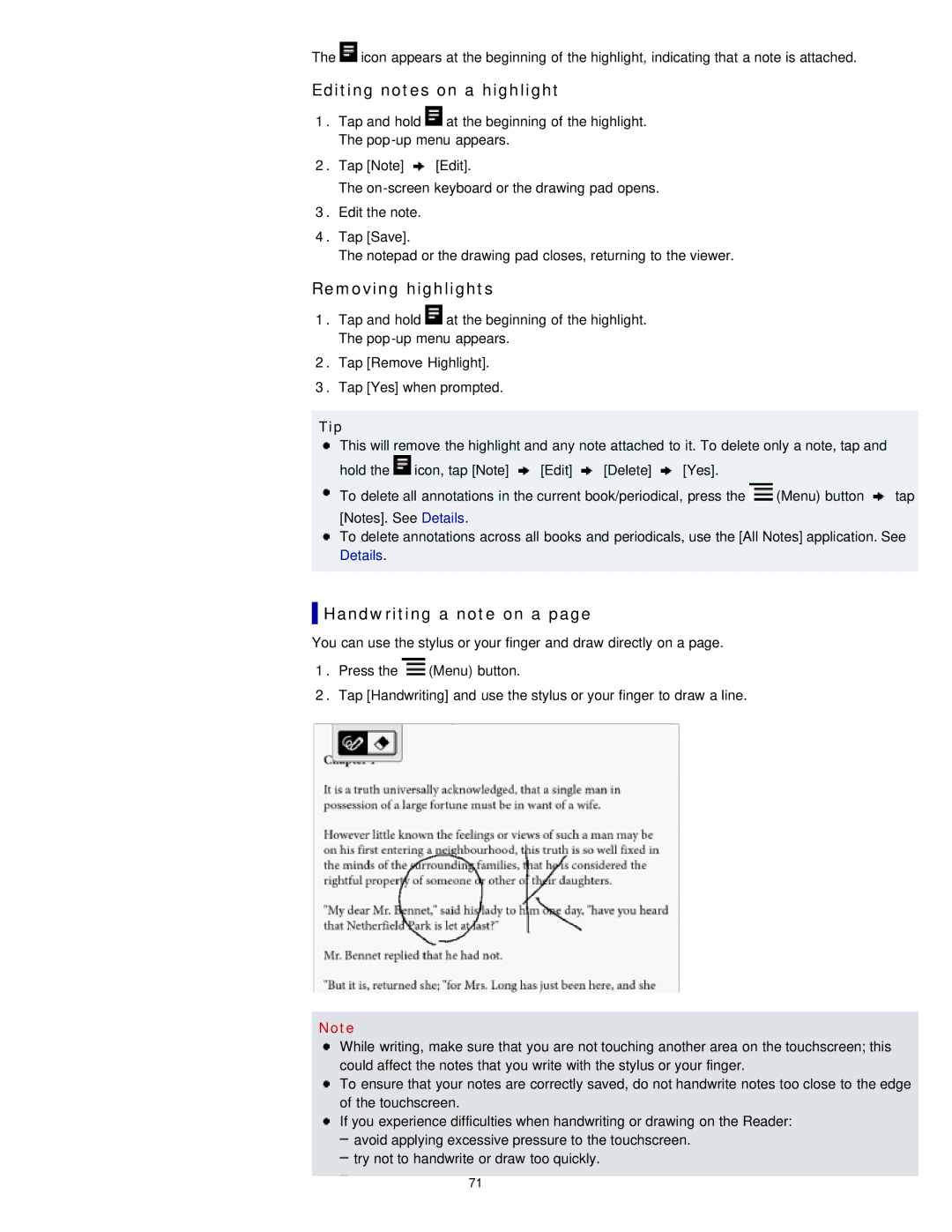 Sony PRS-T2, PRST2WC, PRST2BC manual Editing notes on a highlight, Removing highlights, Handwriting a note on a 