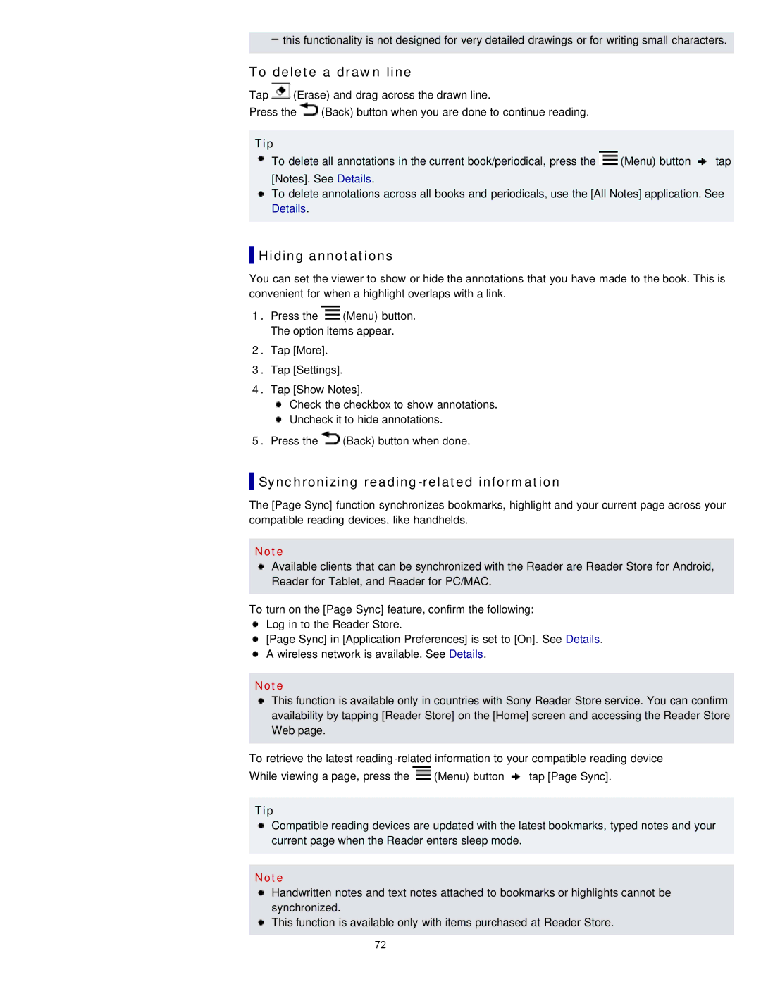 Sony PRST2WC, PRST2BC, PRS-T2 manual To delete a drawn line, Hiding annotations, Synchronizing reading-related information 