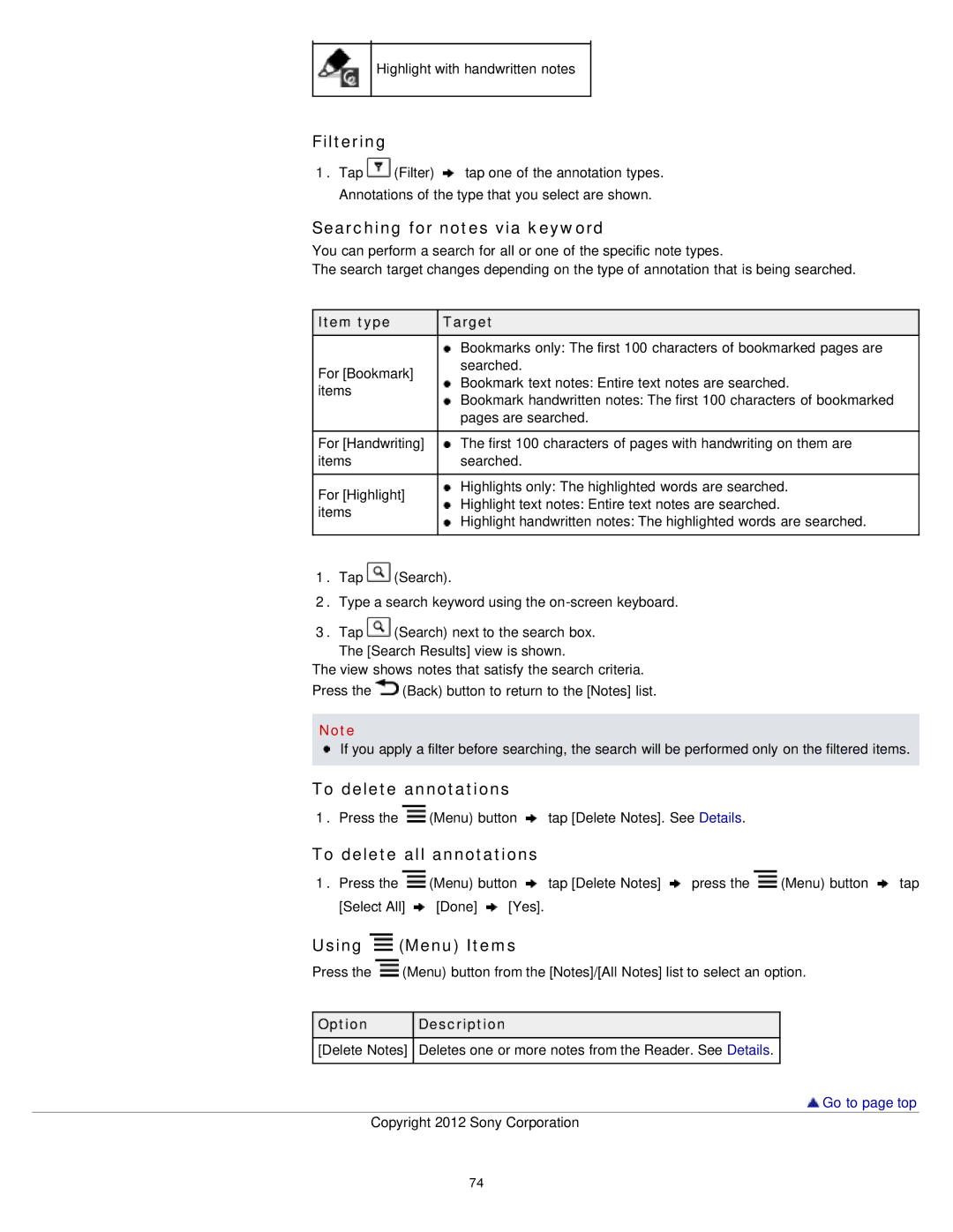 Sony PRS-T2 Filtering, Searching for notes via keyword, To delete annotations, To delete all annotations, Using Menu Items 