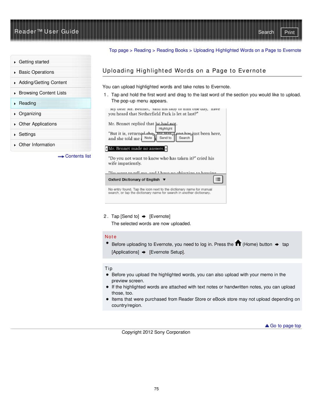 Sony PRST2WC, PRST2BC, PRS-T2 manual Uploading Highlighted Words on a Page to Evernote, Tip 