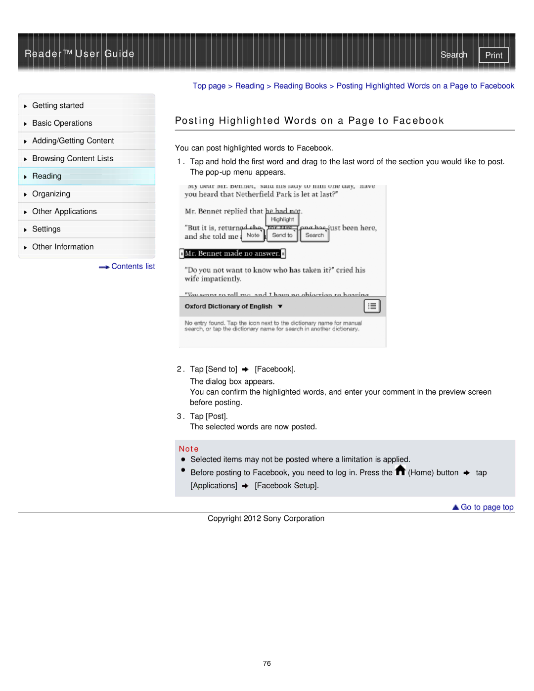 Sony PRST2BC, PRST2WC, PRS-T2 manual Posting Highlighted Words on a Page to Facebook 