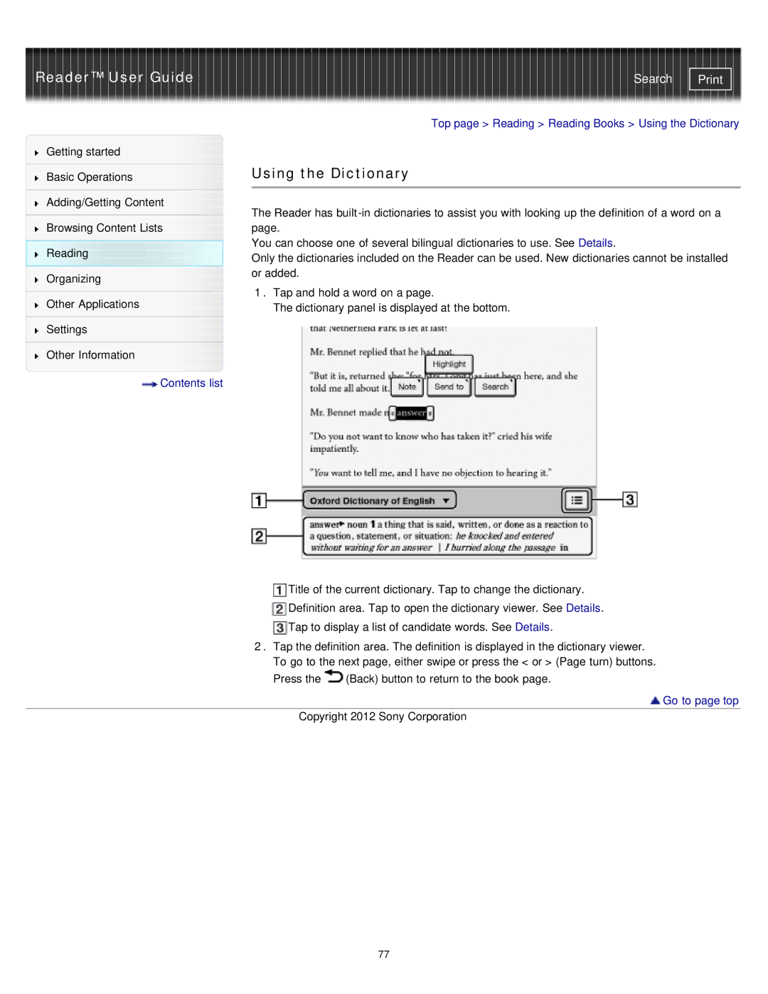 Sony PRS-T2, PRST2WC, PRST2BC manual Using the Dictionary 