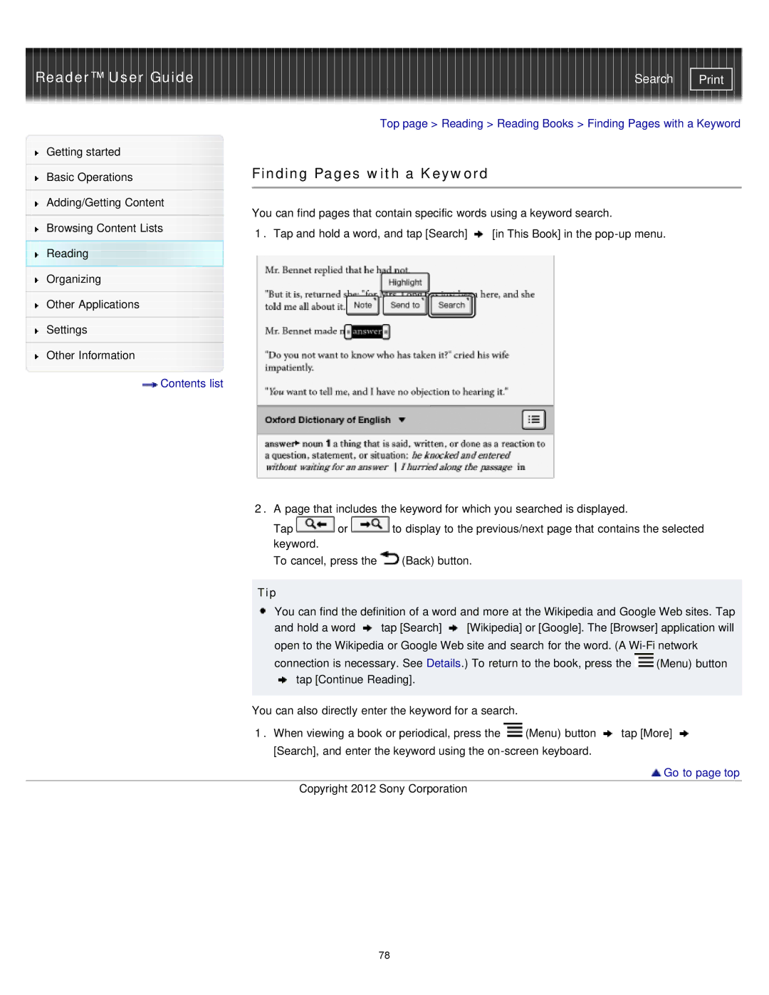 Sony PRST2WC, PRST2BC, PRS-T2 manual Finding Pages with a Keyword, Tip 