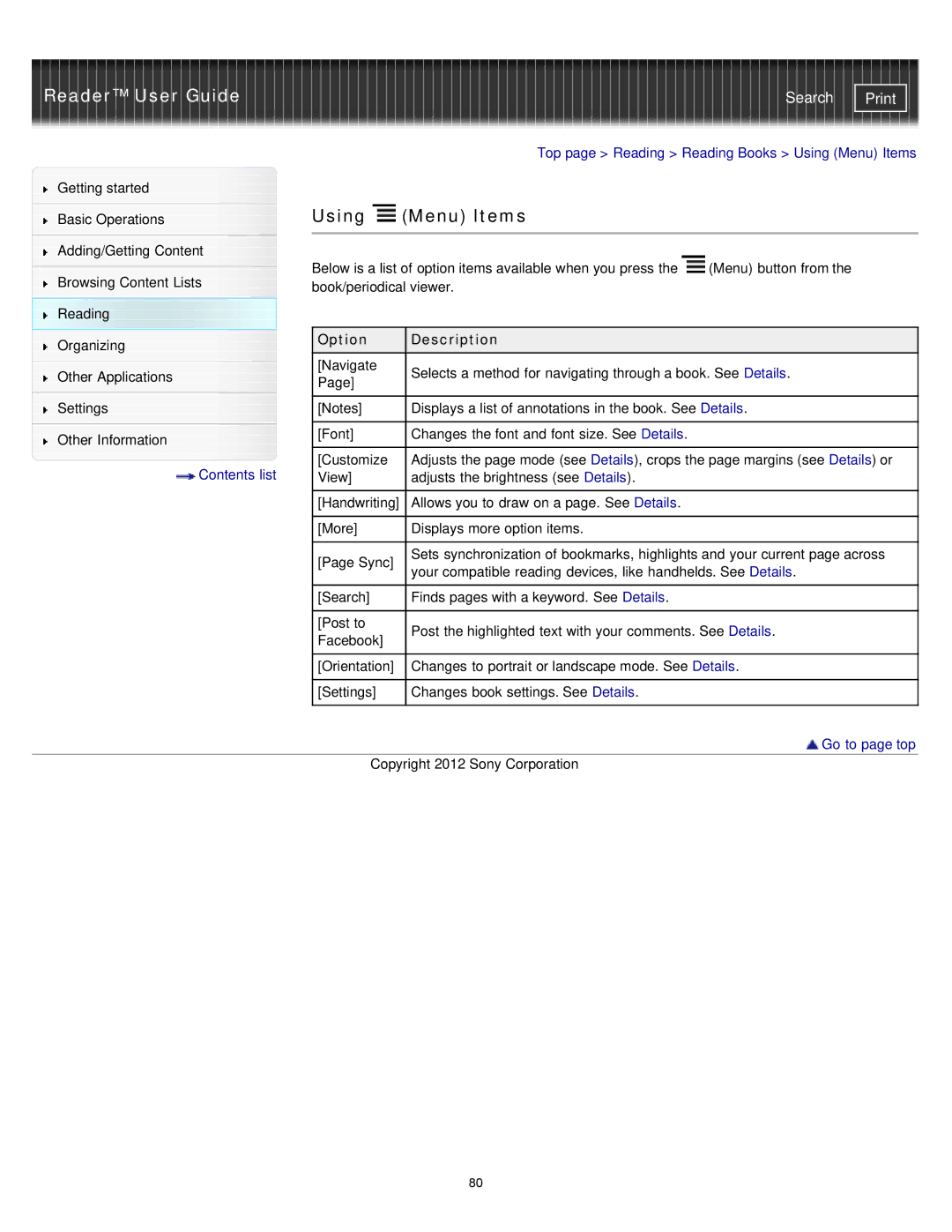 Sony PRS-T2, PRST2WC, PRST2BC manual Top page Reading Reading Books Using Menu Items 