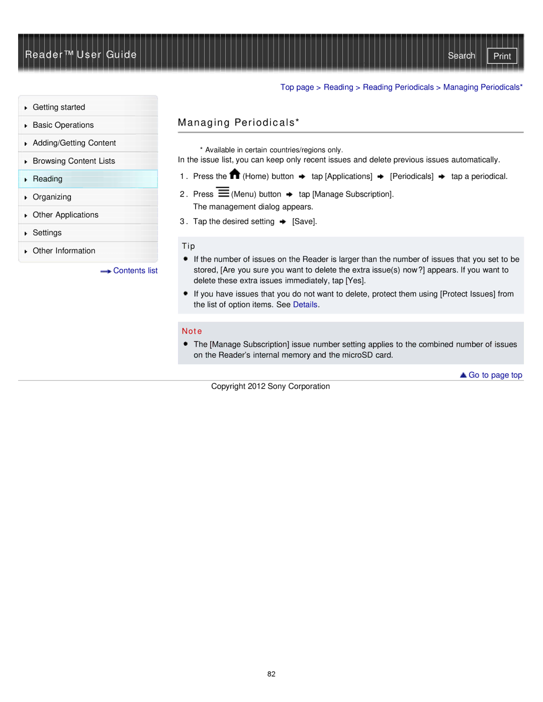 Sony PRST2BC, PRST2WC, PRS-T2 manual Basic OperationsManaging Periodicals, Tip 