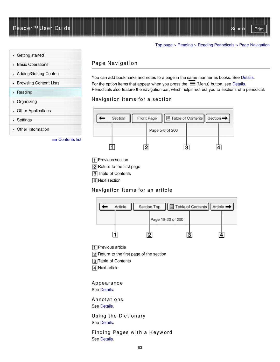 Sony PRS-T2 Navigation items for a section, Navigation items for an article, Appearance, Annotations, Using the Dictionary 