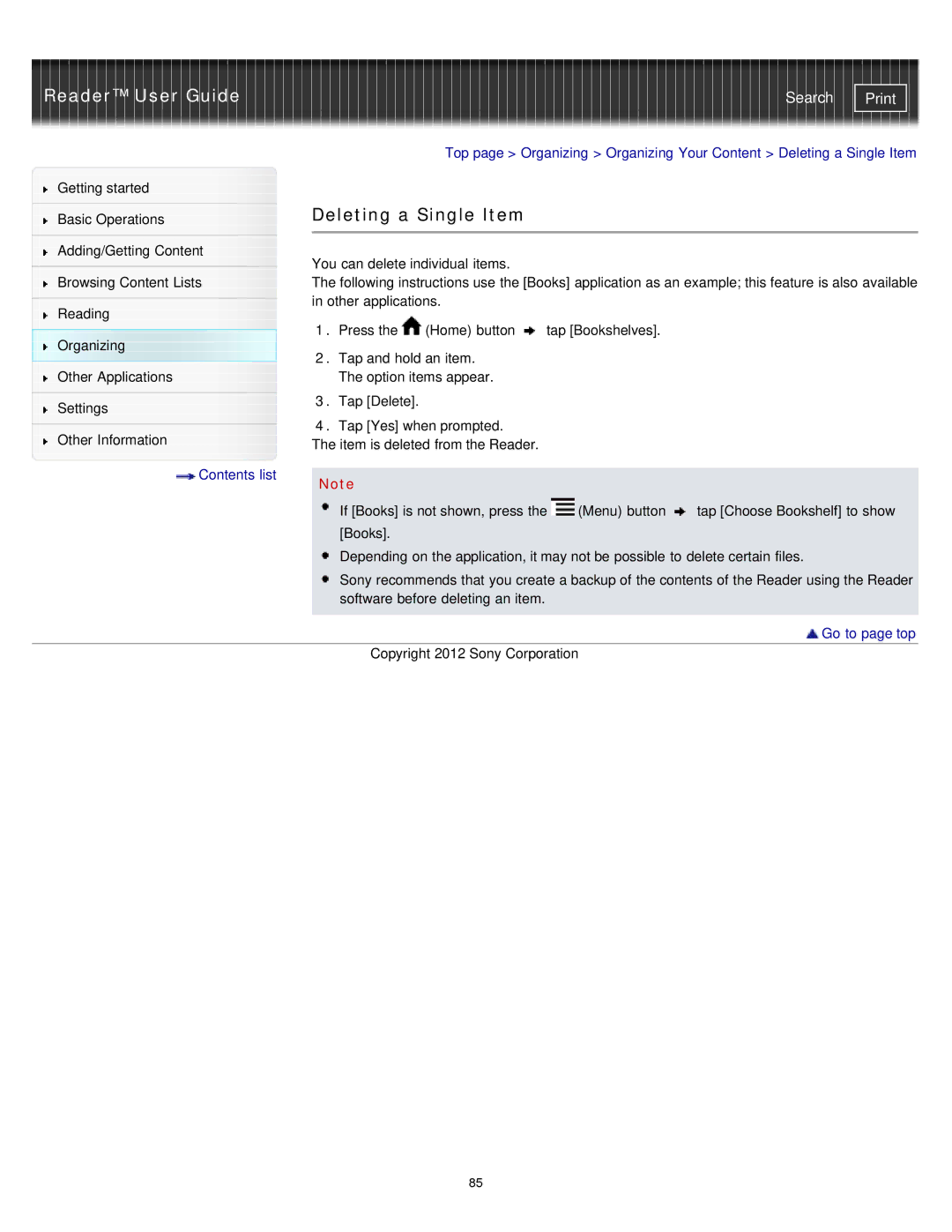 Sony PRST2BC, PRST2WC, PRS-T2 manual Deleting a Single Item 