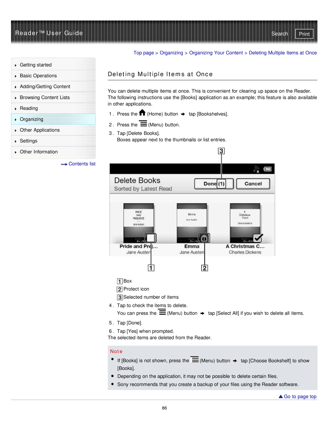 Sony PRS-T2, PRST2WC, PRST2BC manual Deleting Multiple Items at Once 