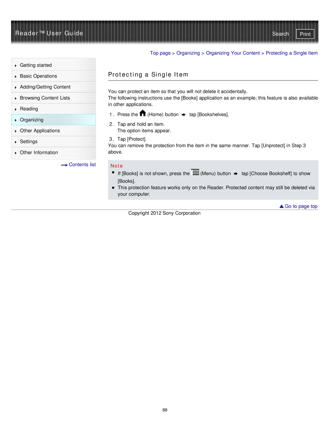 Sony PRST2BC, PRST2WC, PRS-T2 manual Protecting a Single Item 