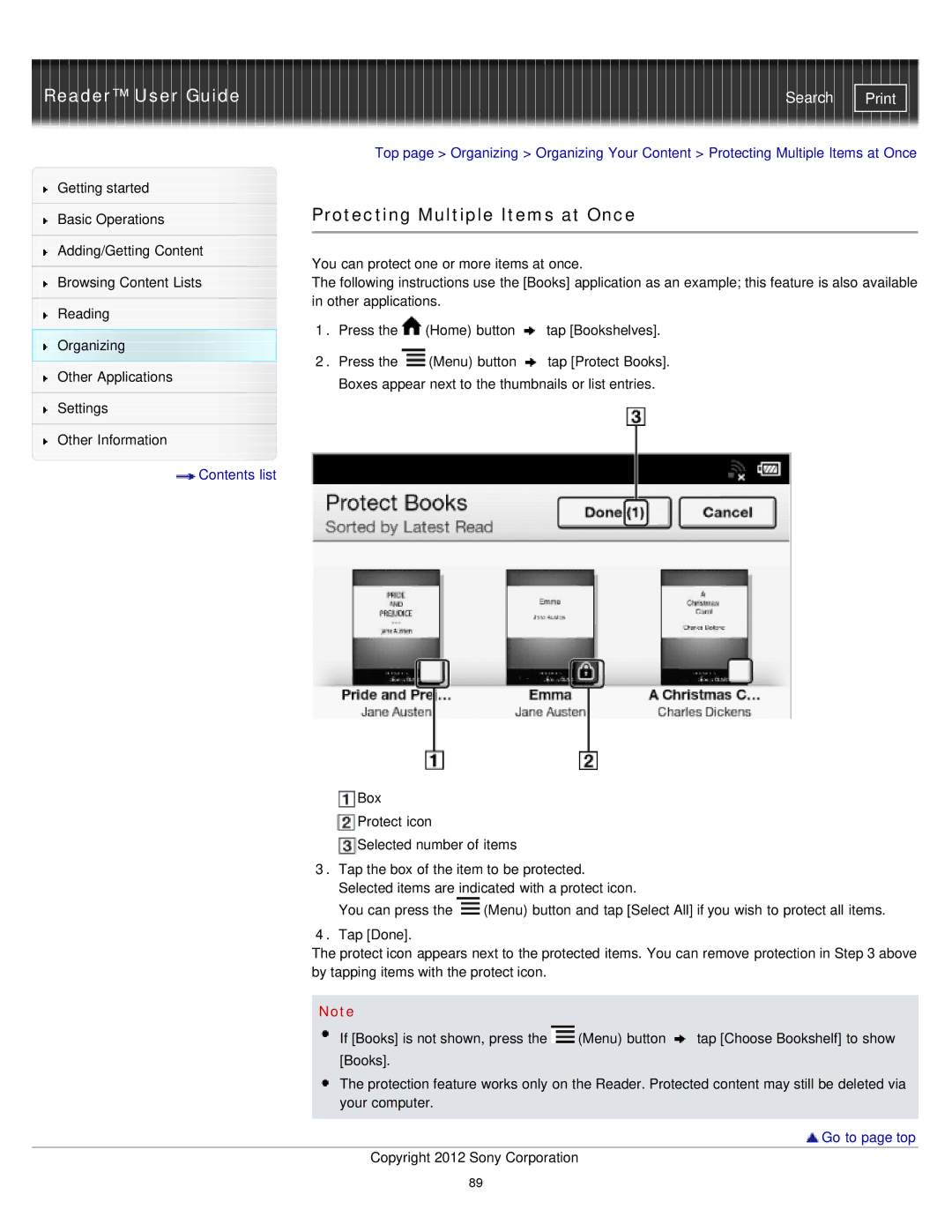 Sony PRS-T2, PRST2WC, PRST2BC manual Protecting Multiple Items at Once 