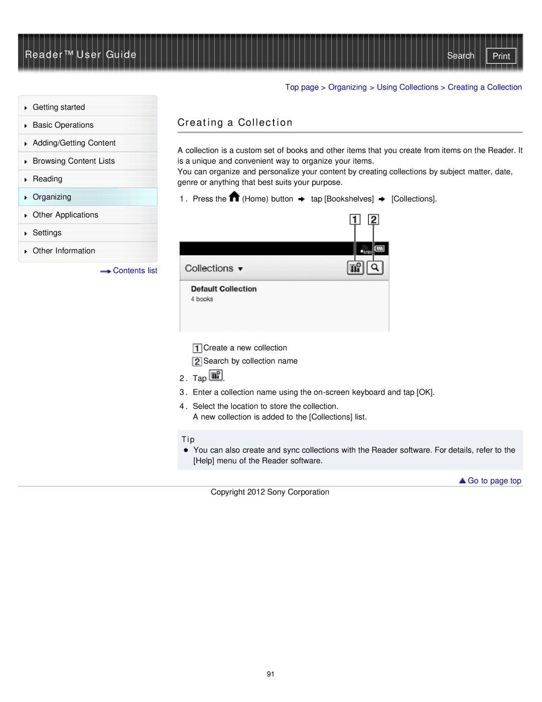 Sony PRST2BC, PRST2WC, PRS-T2 manual Creating a Collection, Basic Operations Adding/Getting Content 