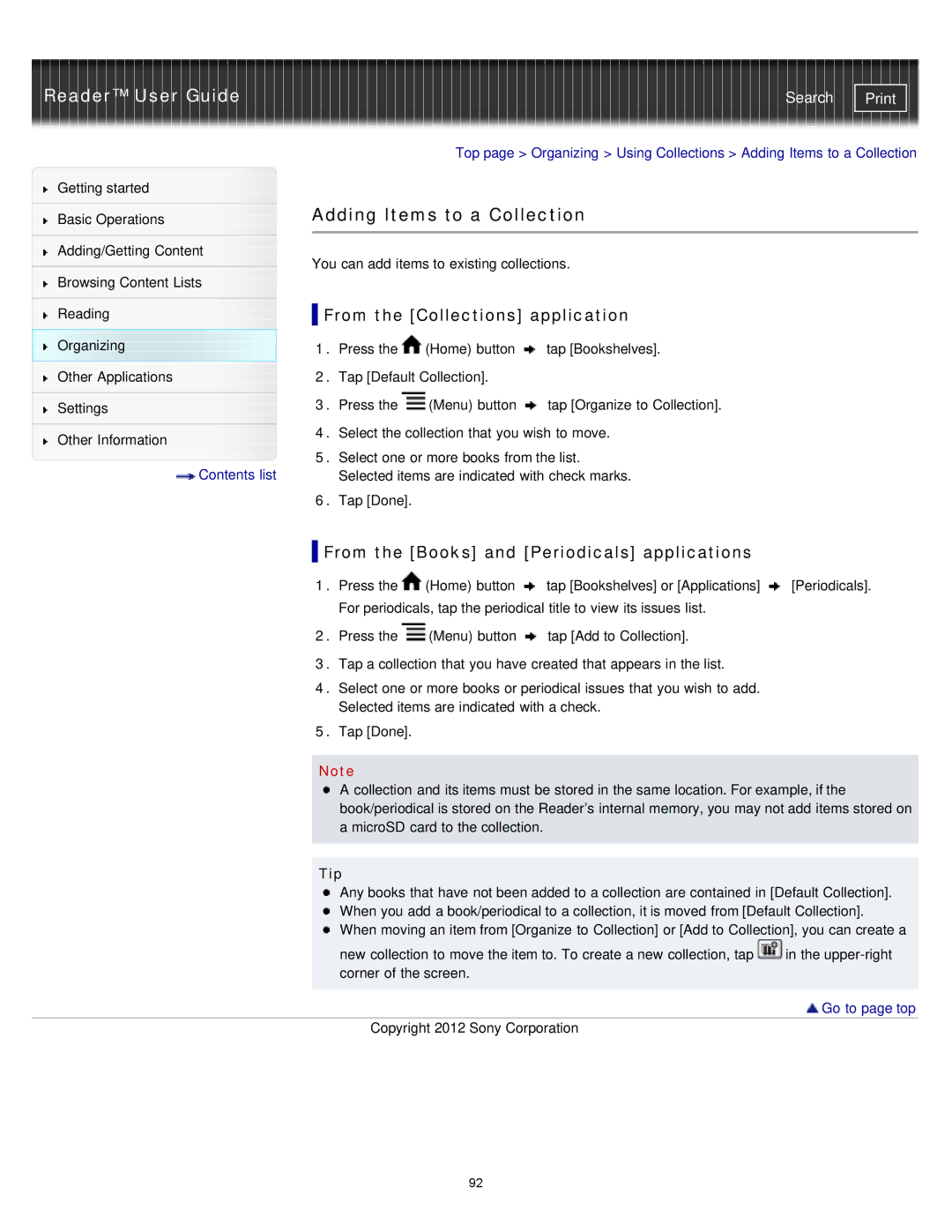 Sony PRS-T2 Adding Items to a Collection, From the Collections application, From the Books and Periodicals applications 