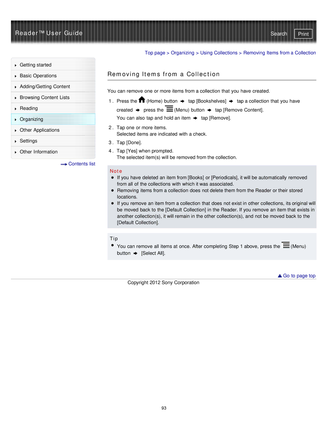 Sony PRST2WC, PRST2BC, PRS-T2 manual Removing Items from a Collection 