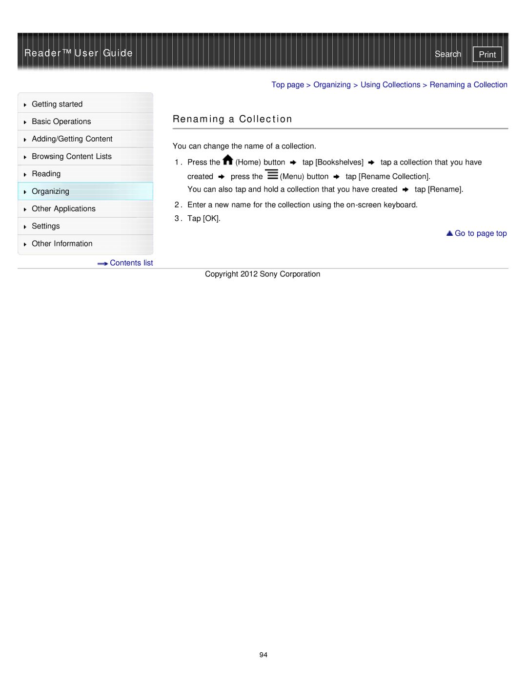 Sony PRST2BC, PRST2WC, PRS-T2 manual Renaming a Collection 