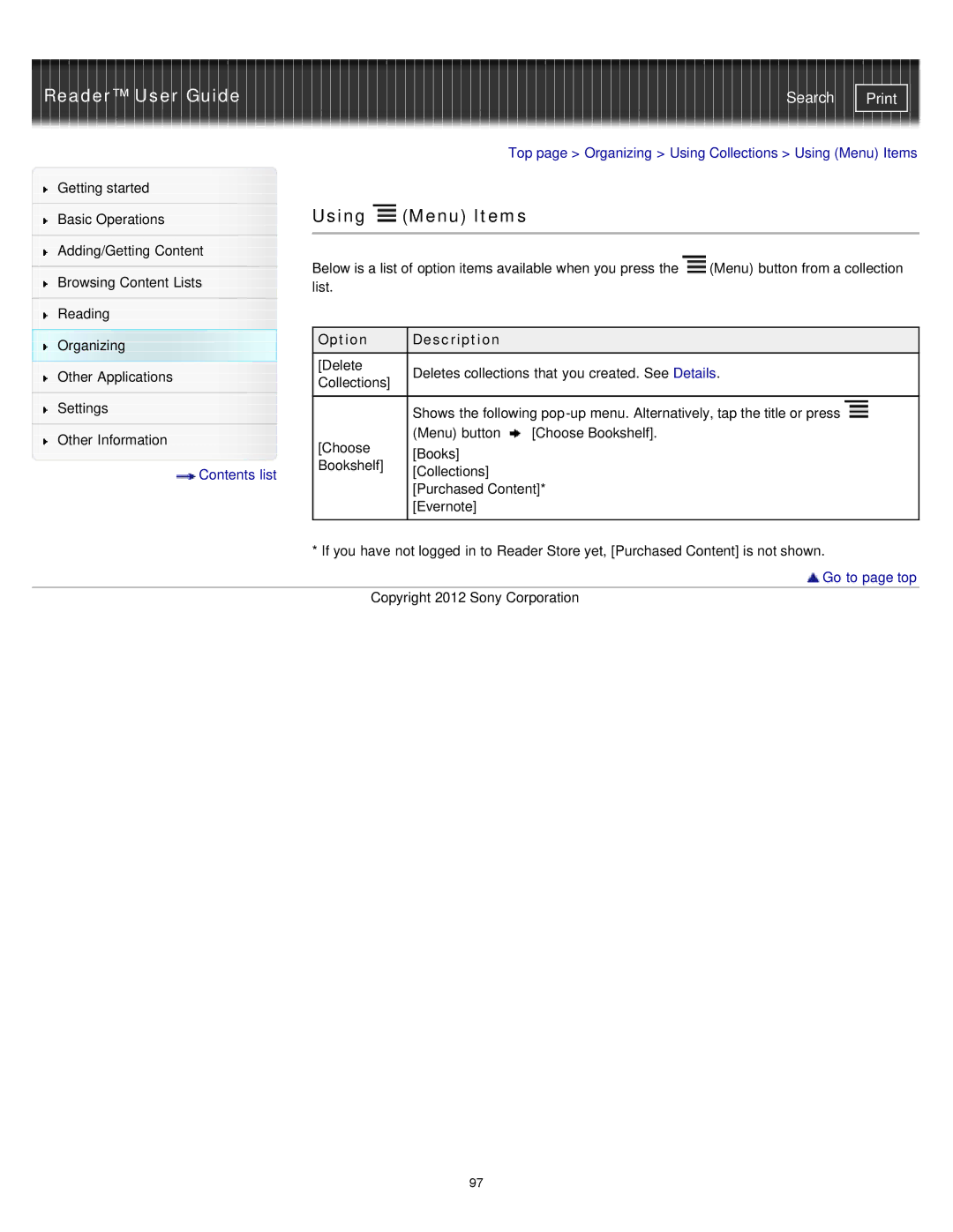 Sony PRST2BC, PRST2WC, PRS-T2 manual Top page Organizing Using Collections Using Menu Items 