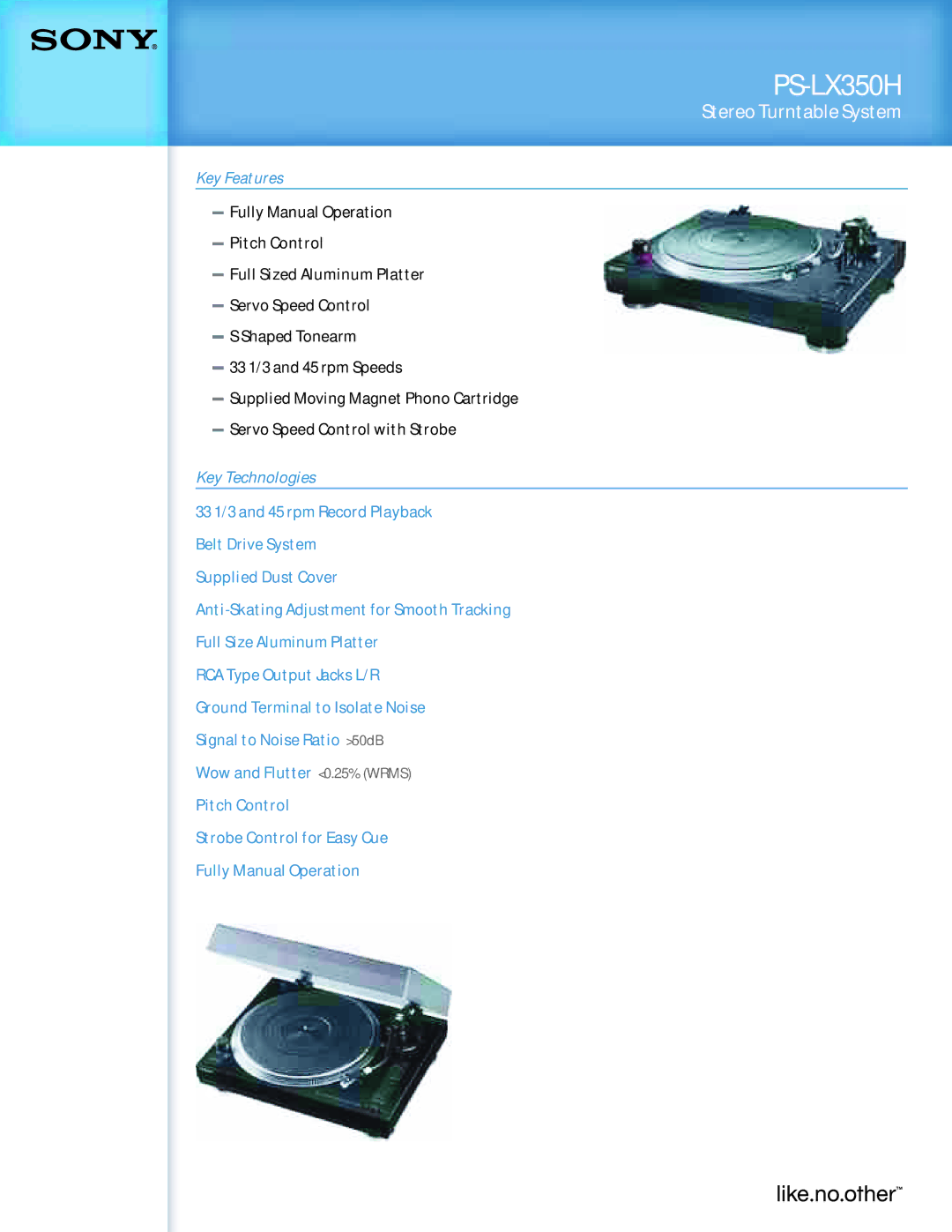 Sony PS-LX350H manual Stereo Turntable System, Key Features, Key Technologies 