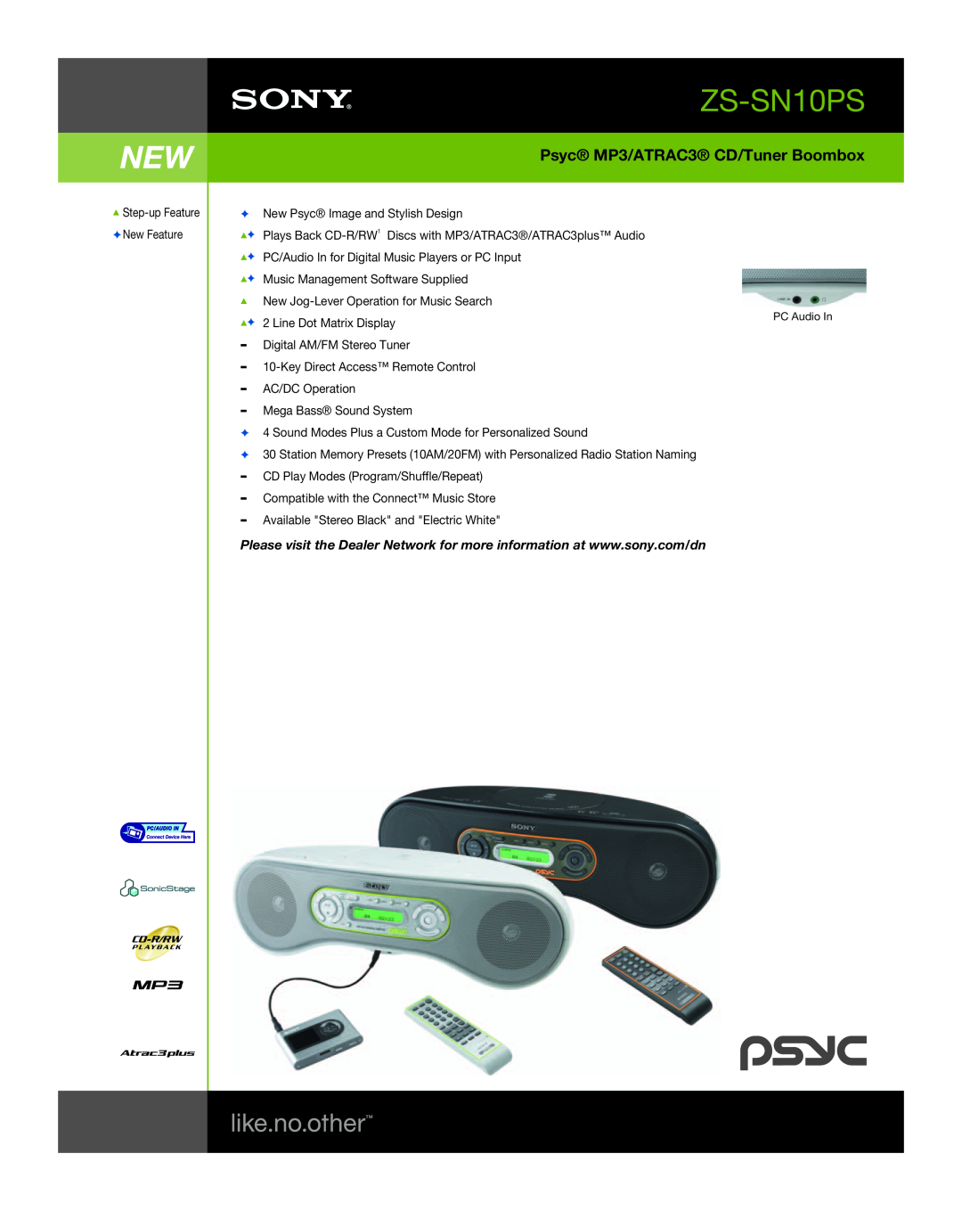 Sony ZS-SN10PS, PSYC, Portable Stereo System, 320 manual Psyc MP3/ATRAC3 CD/Tuner Boombox, Line Dot Matrix Display 