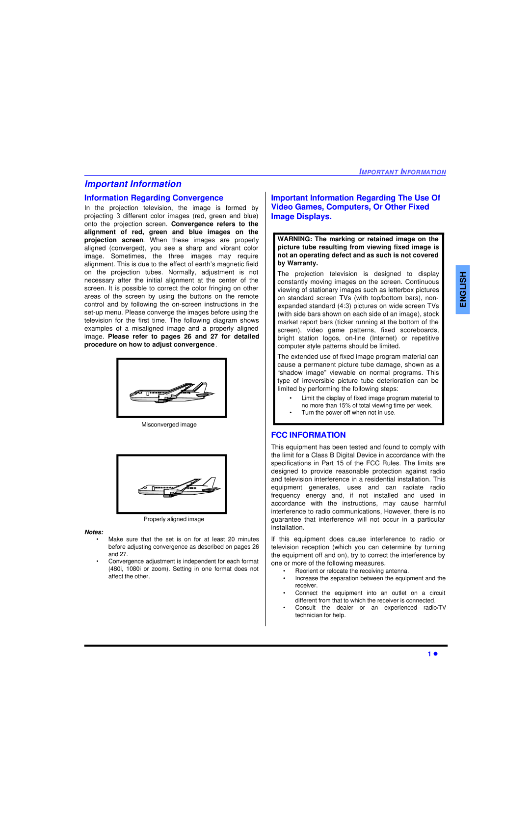 Sony PT-53WX53, PT-47WXC43, PT-4743, PT-47WX33 Important Information, Information Regarding Convergence, FCC Information 