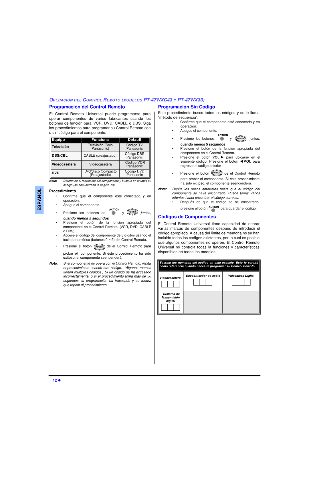 Sony PT-47WX53, PT-47WXC43, PT-4743 Programación del Control Remoto, Programación Sin Código, Códigos de Componentes 