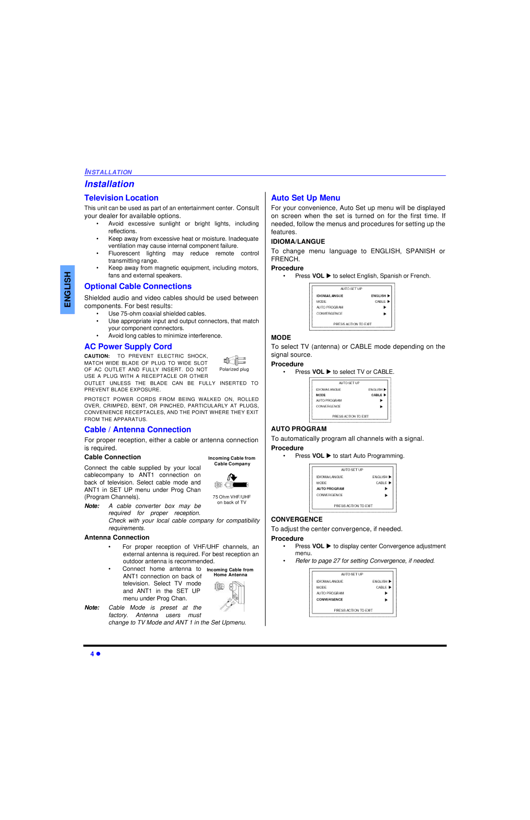 Sony PT-47WXC43, PT-4743, PT-47WX33, PT-53WX53, PT-47WX53 operating instructions Installation 