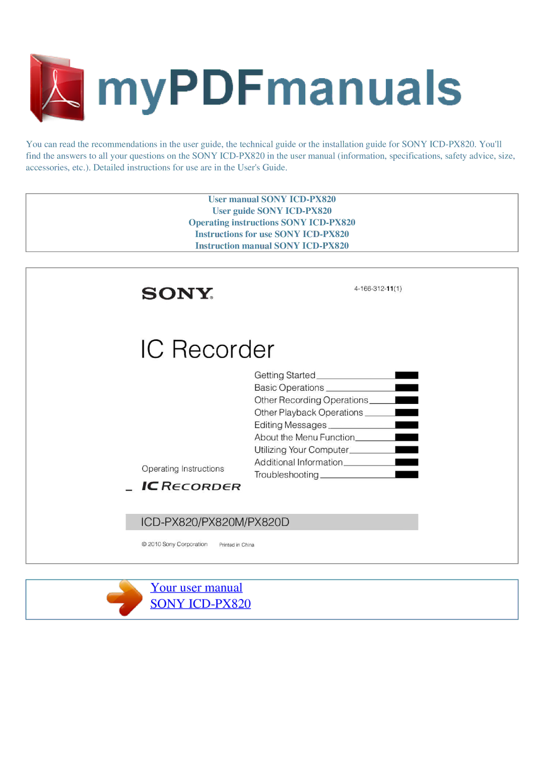 Sony PX820D, PX820M user manual Sony ICD-PX820 