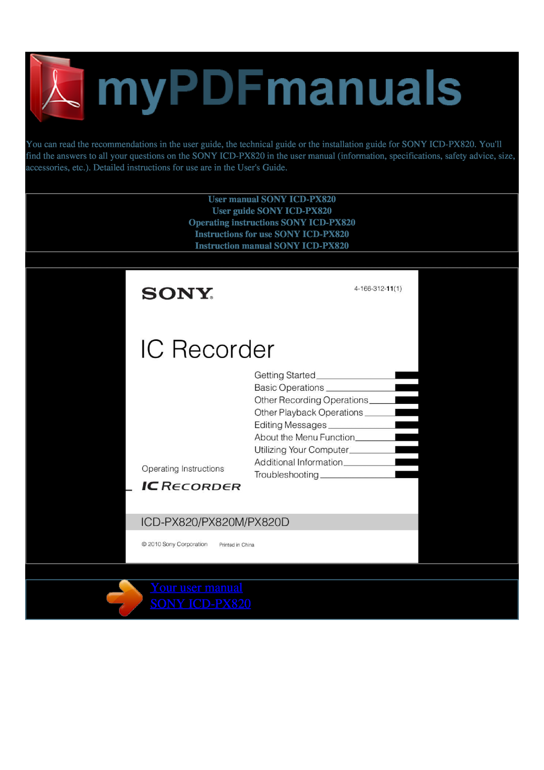 Sony PX820D, PX820M user manual Your user manual SONY ICD-PX820, User manual SONY ICD-PX820 User guide SONY ICD-PX820 