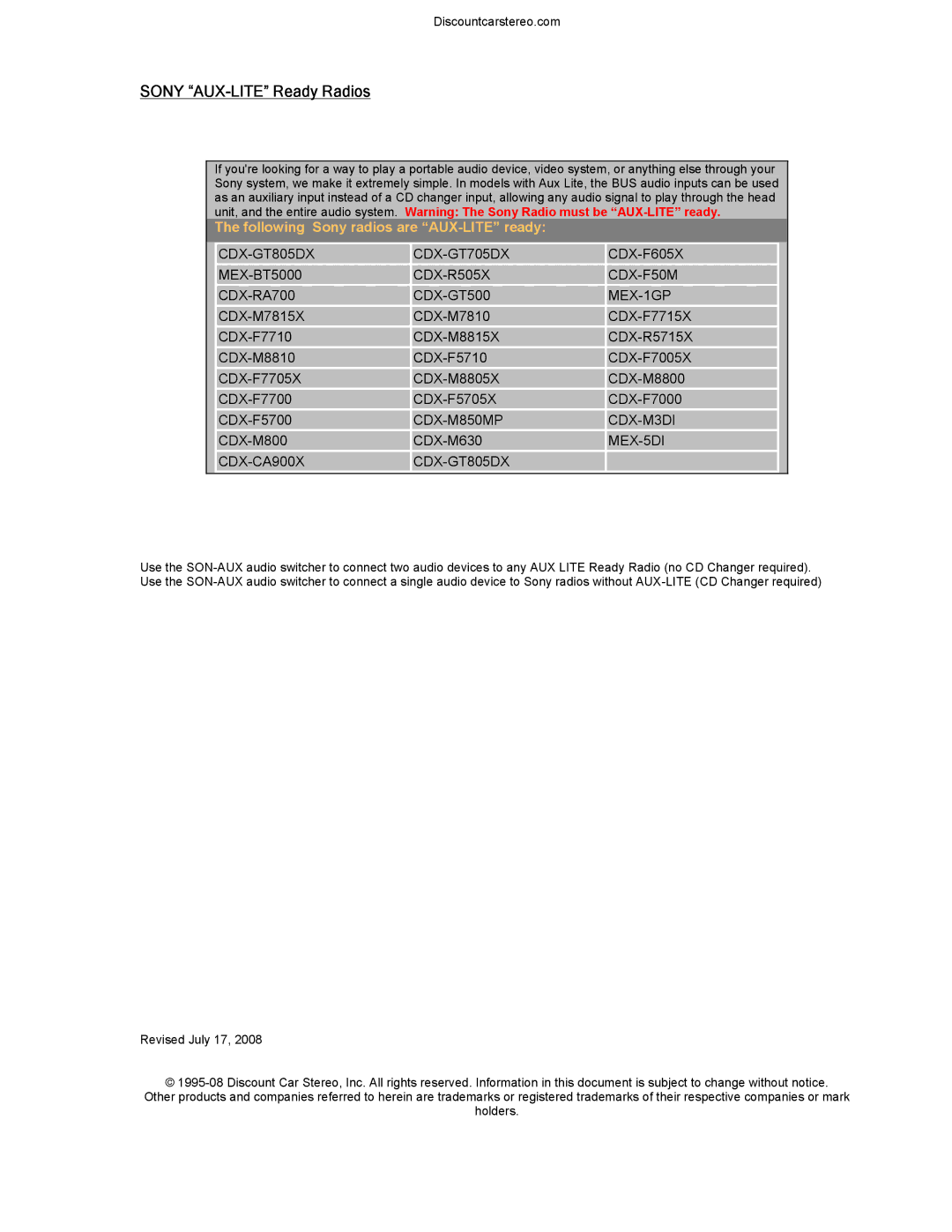 Sony PXA07 installation instructions Sony AUX-LITE Ready Radios, Following Sony radios are AUX-LITE ready 