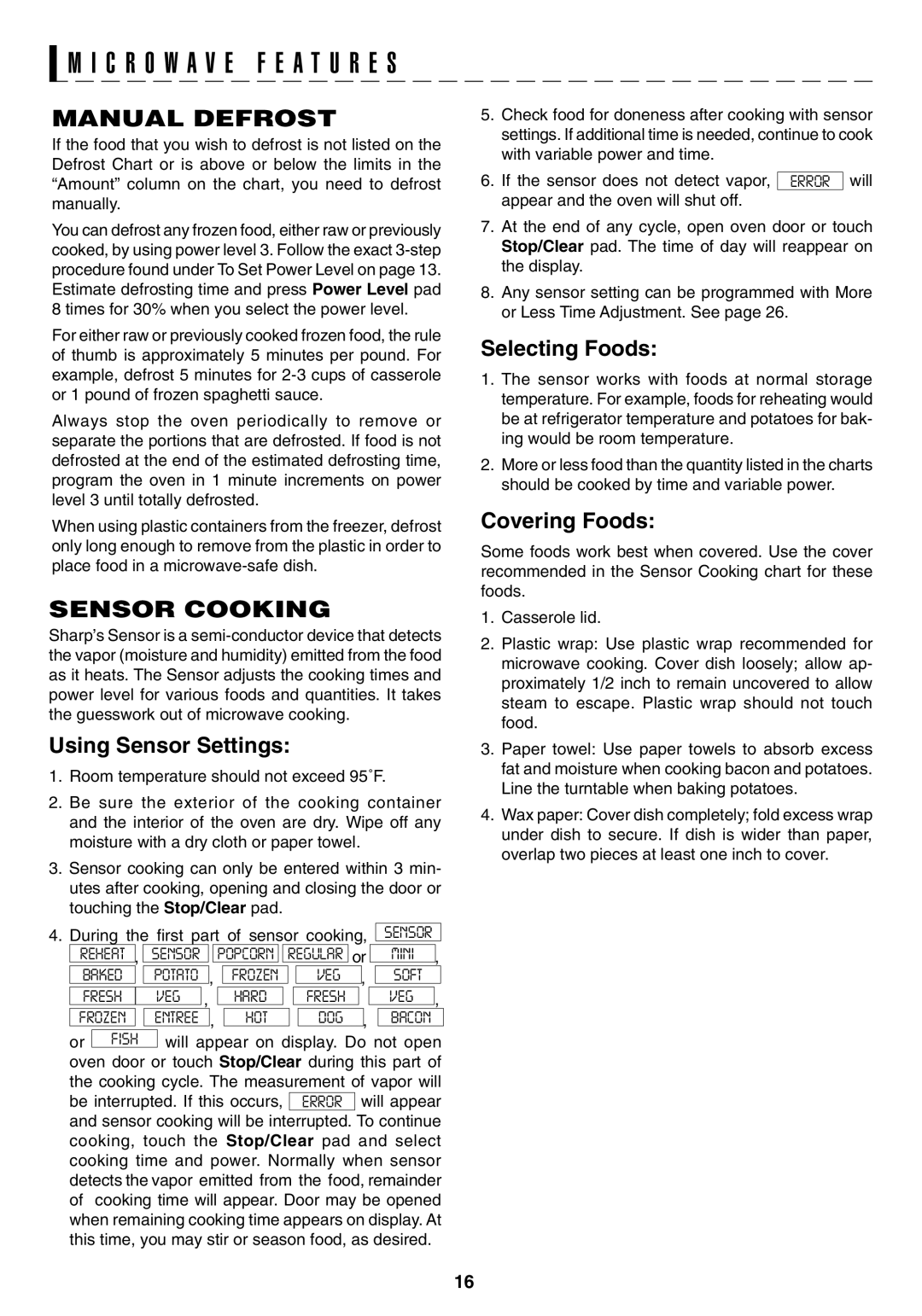 Sony R1880L operation manual Manual Defrost, Sensor Cooking, Will appear on display. Do not open 