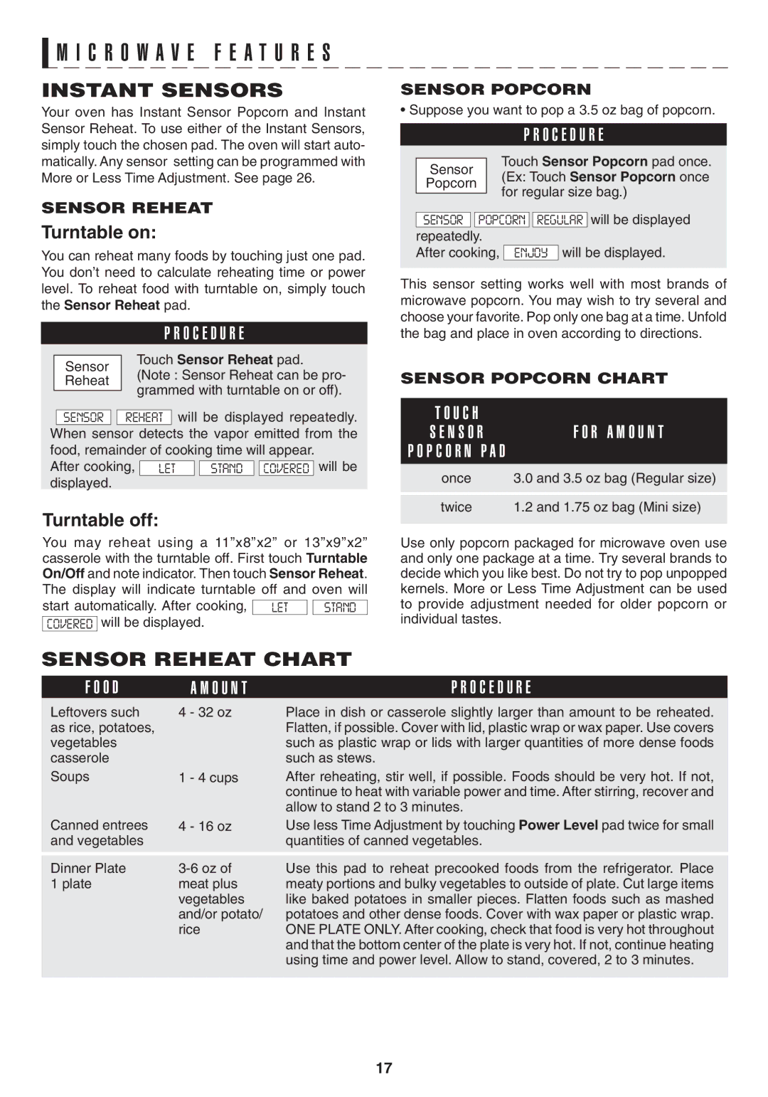 Sony R1880L operation manual Instant Sensors, Sensor reheat Chart, Sensor Reheat, Sensor Popcorn Chart 