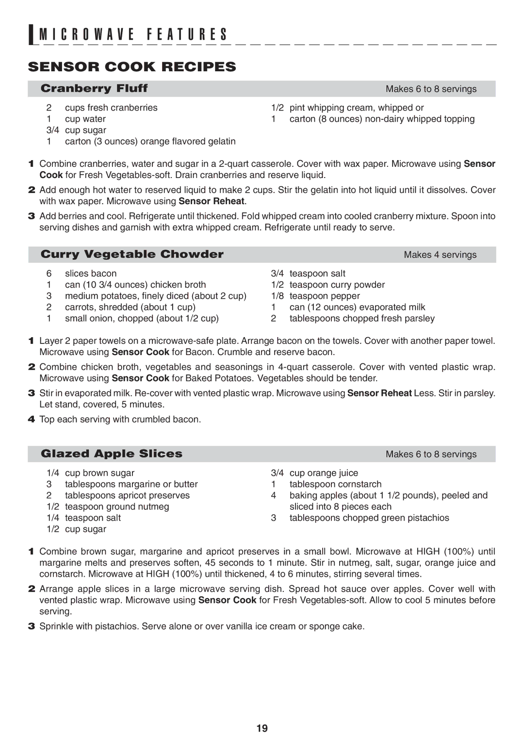 Sony R1880L operation manual C r o w a v e F E a T U R E S, Sensor Cook Recipes 