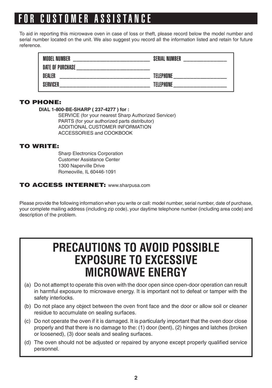 Sony R1880L operation manual R C U S T O M E R a S S I S T a N C E, Dial 1-800-BE-SHARP 237-4277 for 