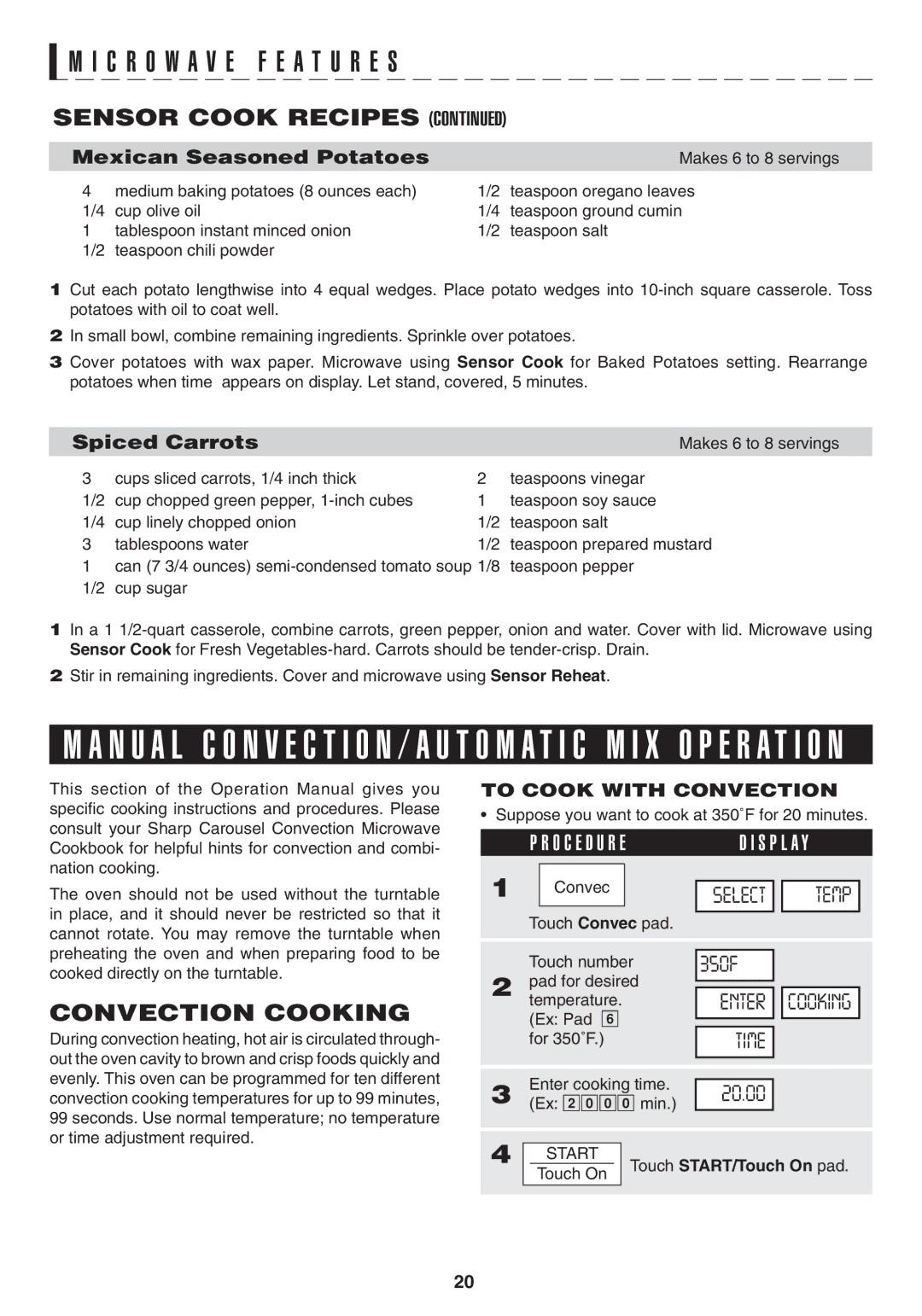 Sony R1880L operation manual Sensor Cook Recipes, Convection Cooking, To Cook with Convection, START/Touch On pad 