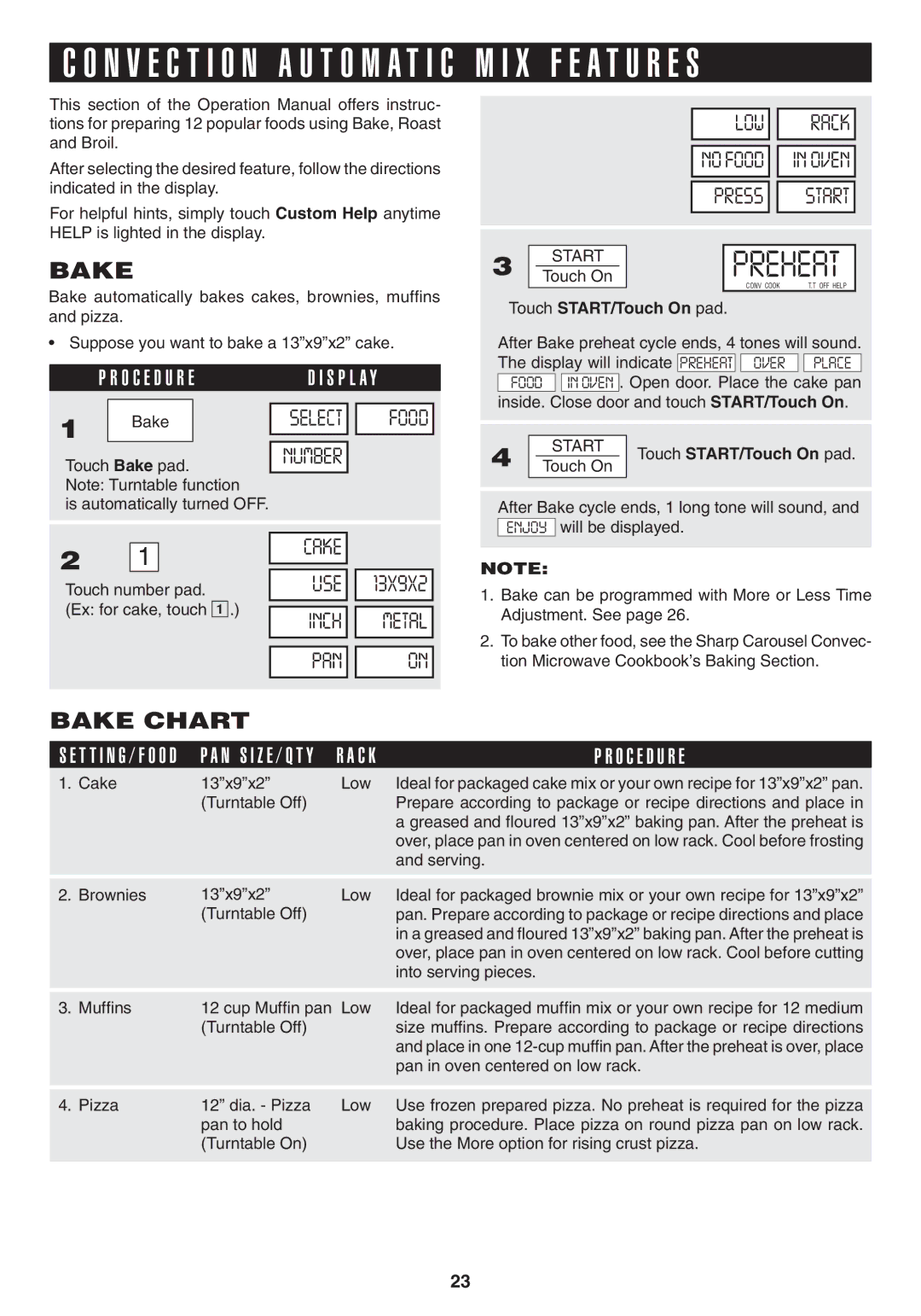 Sony R1880L operation manual Bake Chart, Display will indicate 