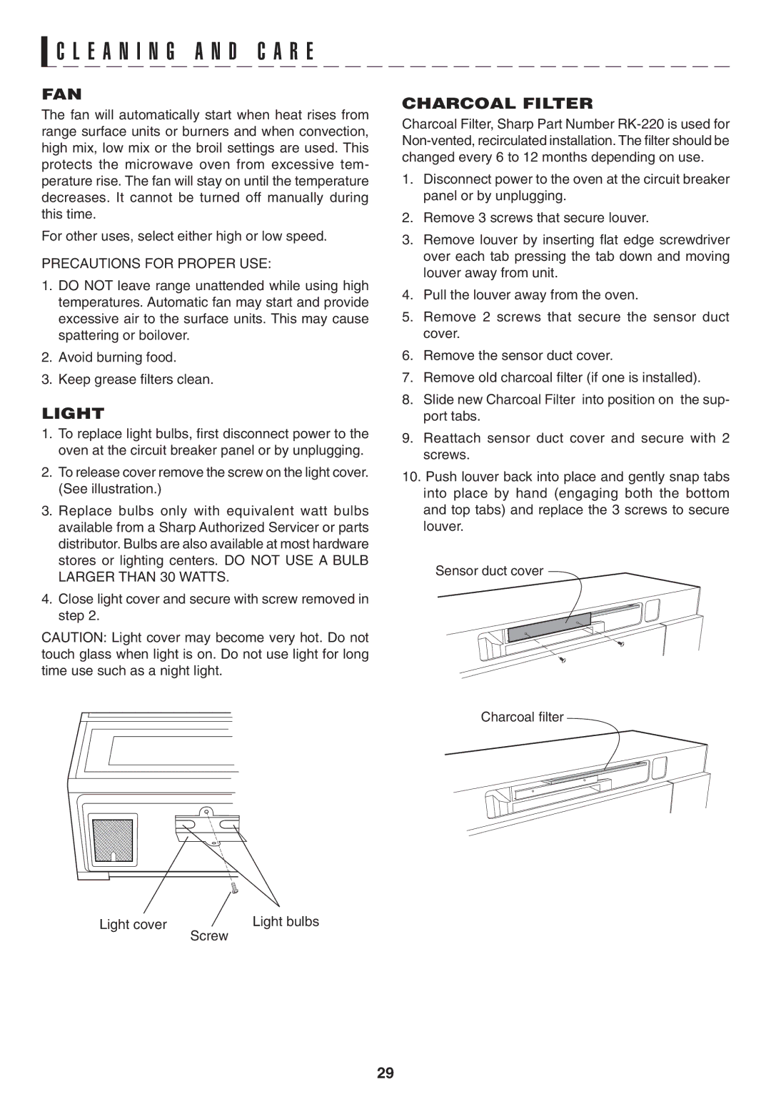 Sony R1880L operation manual Fan, Light, Charcoal Filter 