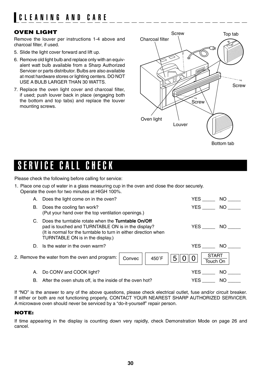 Sony R1880L operation manual R V I C E C a L L C H E C K, Oven Light 